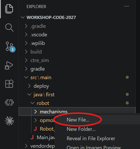 The VS Code Explorer right-click menu on the new mechanisms folder, with New File circled in red