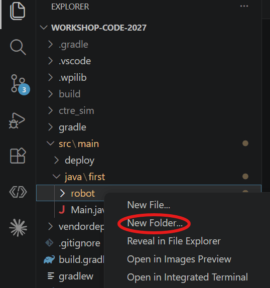The VS Code Explorer right-click menu on the robot folder, with New Folder circled in red