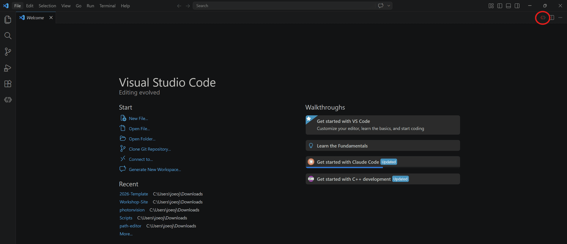 Visual Studio Code welcome screen with the red WPILib icon circled in the top right of the title bar