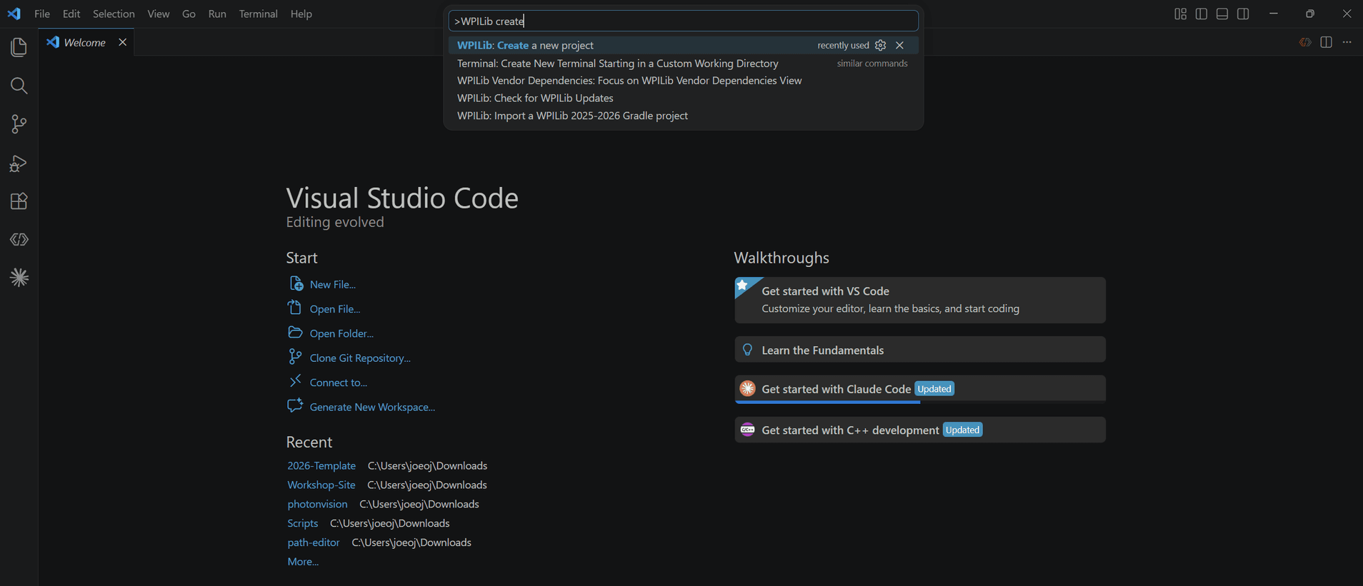 The VS Code command palette filtered to WPILib create, with WPILib: Create a new project highlighted