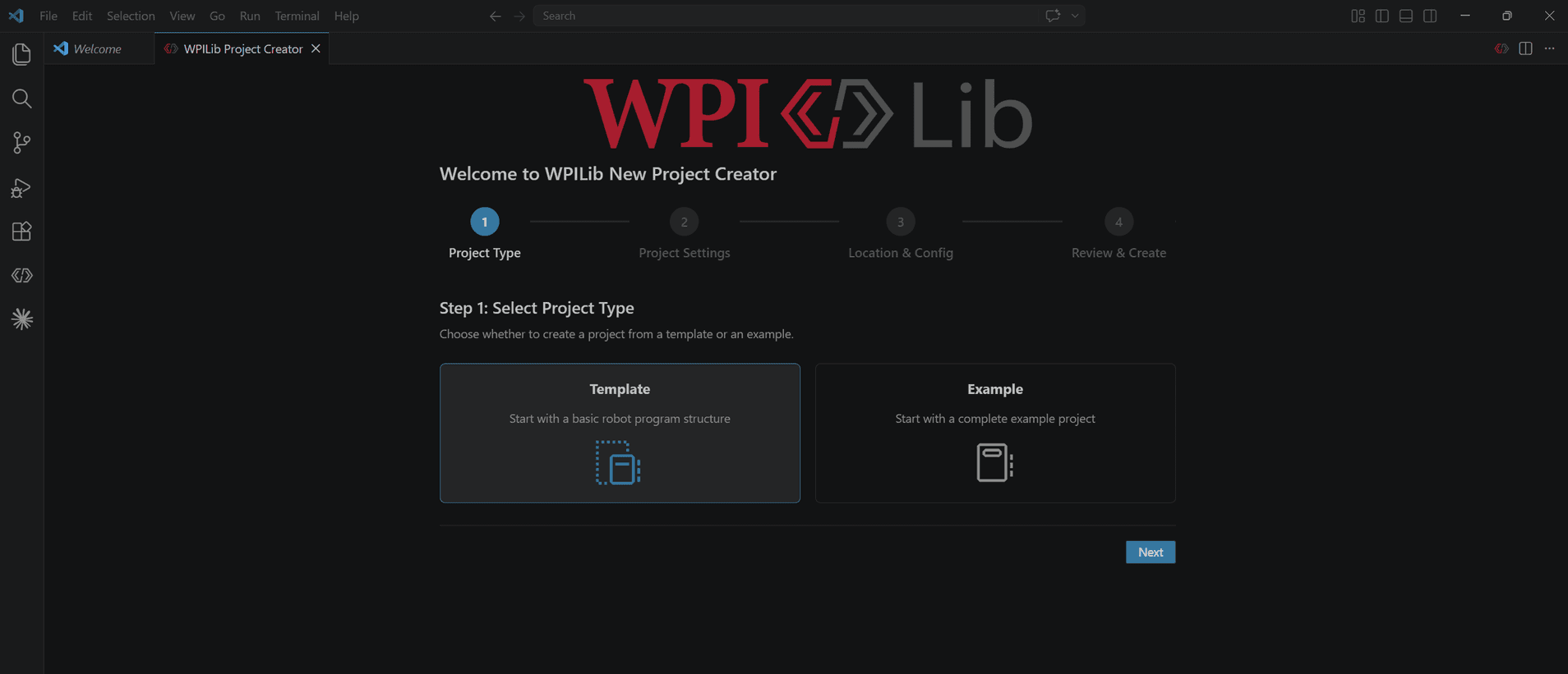 WPILib New Project Creator step 1, with the Template card selected and Example beside it