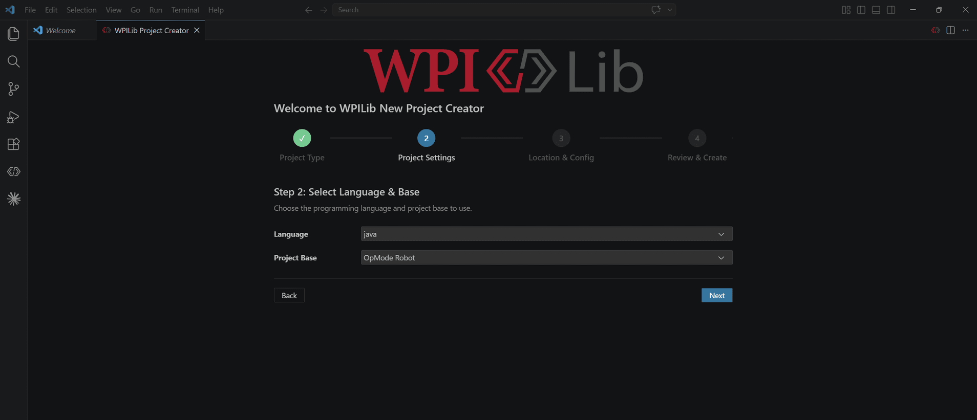WPILib New Project Creator step 2, Language set to java and Project Base set to OpMode Robot