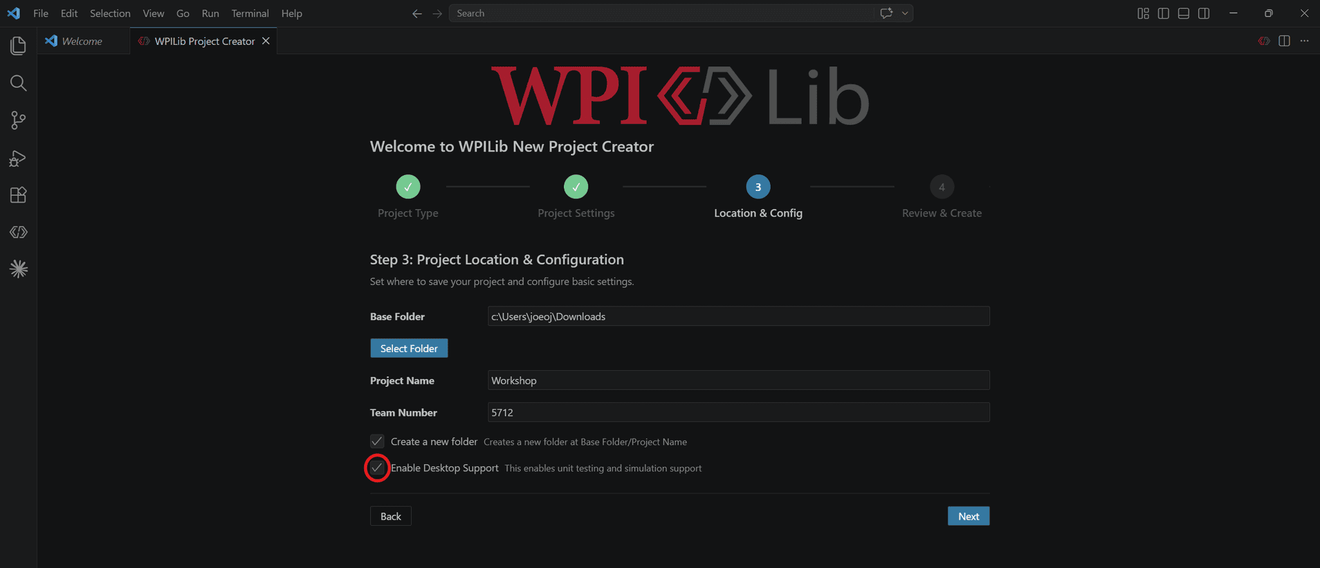 WPILib New Project Creator step 3, with base folder Downloads, project name Workshop, team number 5712, and Enable Desktop Support circled and checked