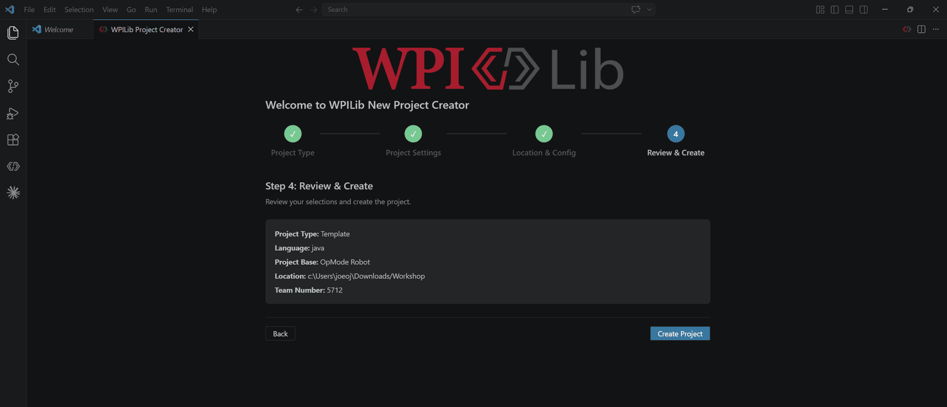 WPILib New Project Creator step 4, reviewing project type Template, language java, project base OpMode Robot, location and team number
