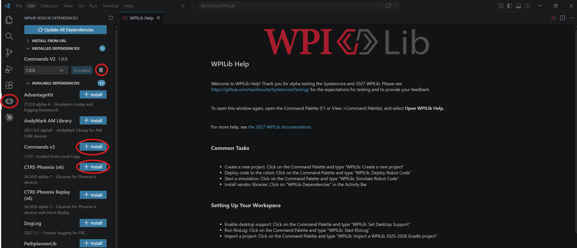 The WPILib Vendor Dependencies panel, with the activity bar icon, the Commands V2 bin, and both Install buttons circled