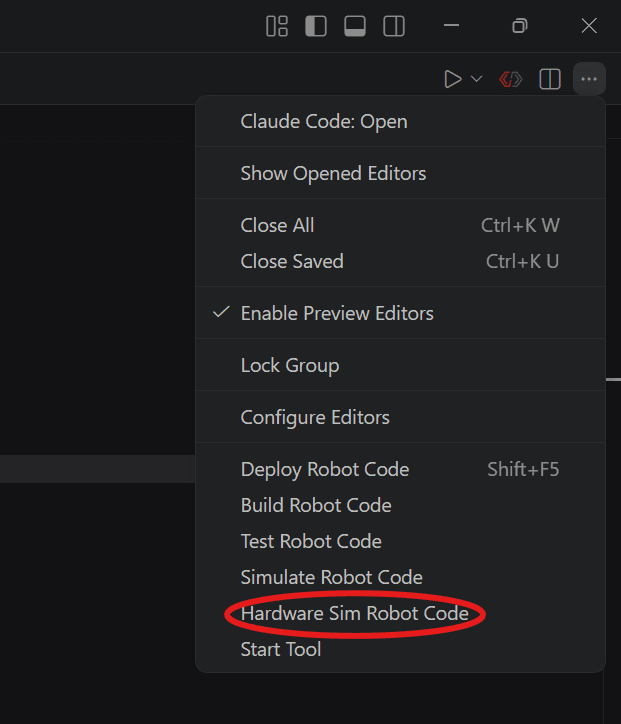 The VS Code editor toolbar overflow menu, with Hardware Sim Robot Code circled in red and Simulate Robot Code directly above it