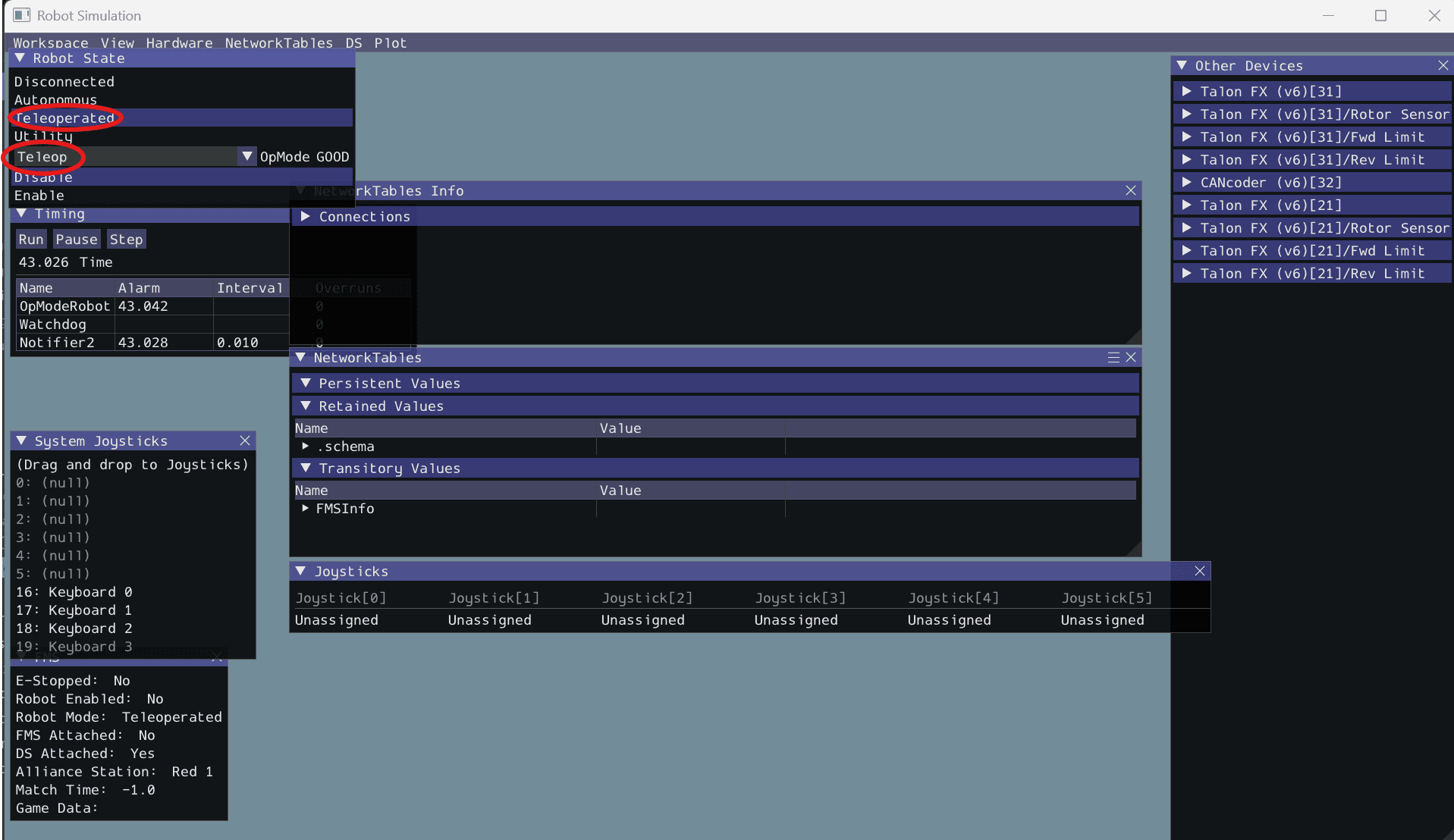 The simulation window with Teleoperated highlighted in Robot State and the Teleop OpMode selected in the dropdown below it