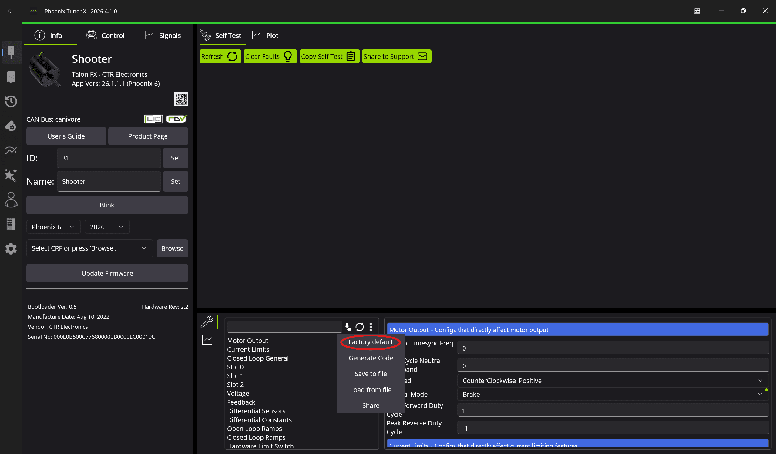 Screenshot highlighting the Factory Default button in the device configuration screen.