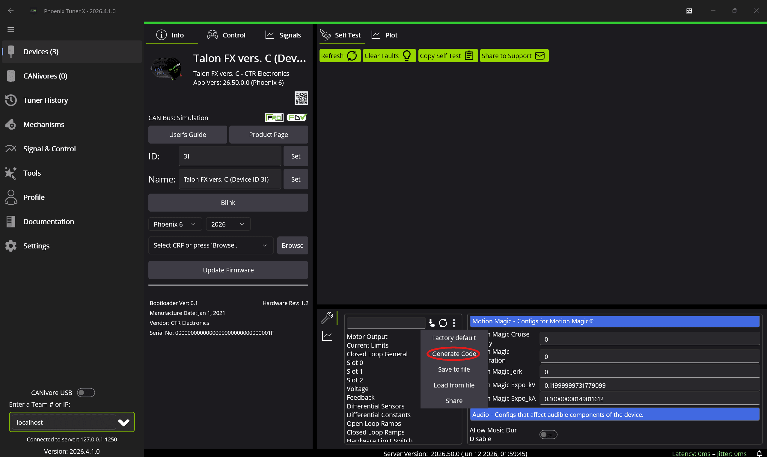 Phoenix Tuner X with the config panel's three-dot menu open and Generate Code circled in red, above the Motion Magic fields