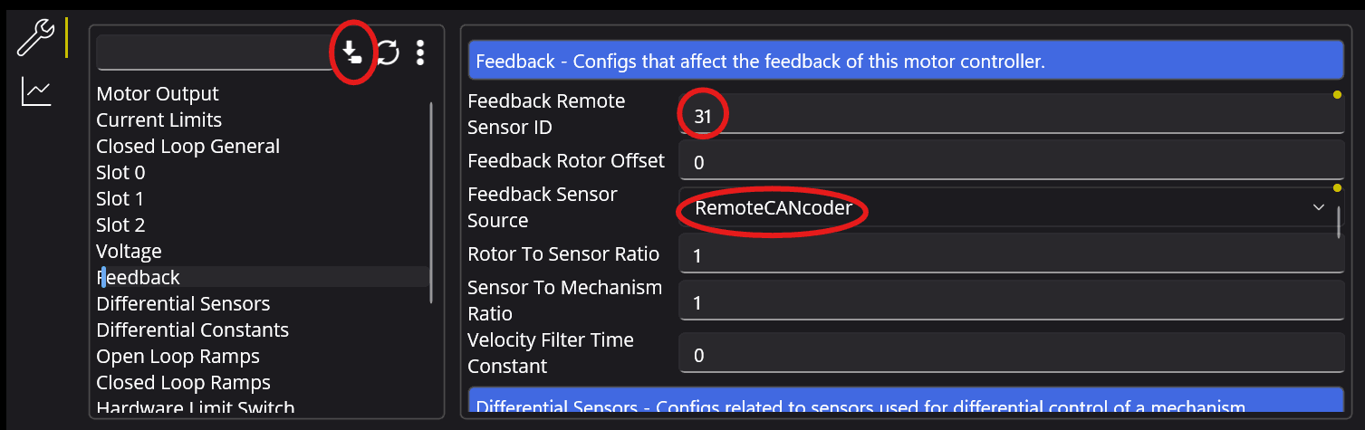 Screenshot highlighting the Feedback section of the arm TalonFX configuration.